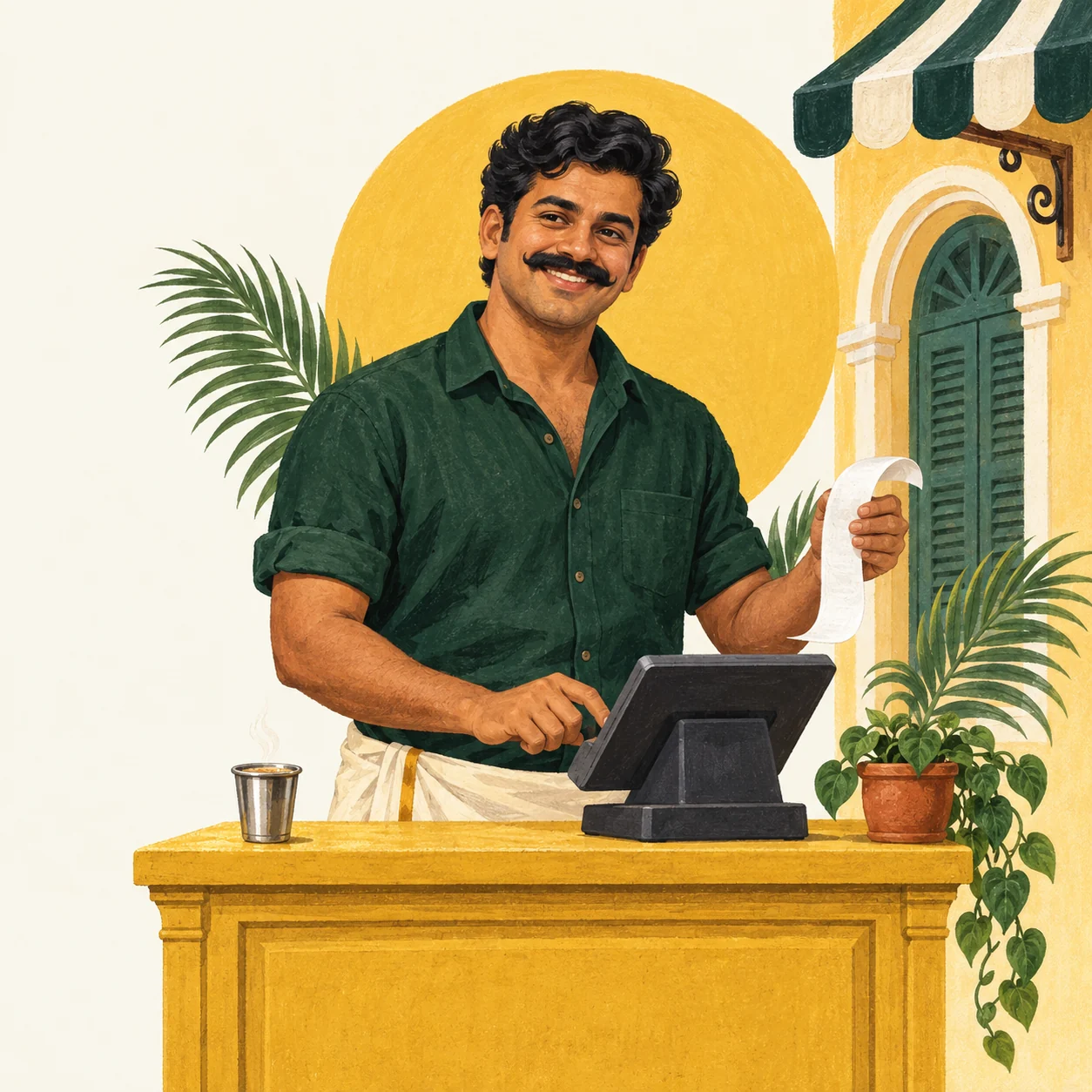 Bill Pondy, a friendly moustached local bro, with his billing counter and filter coffee
