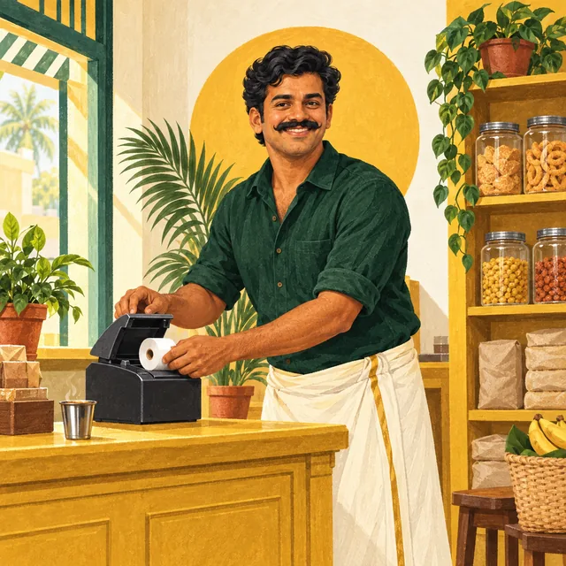 Illustration of Bill Pondy arranging a compact receipt printer at a neighbourhood shop counter