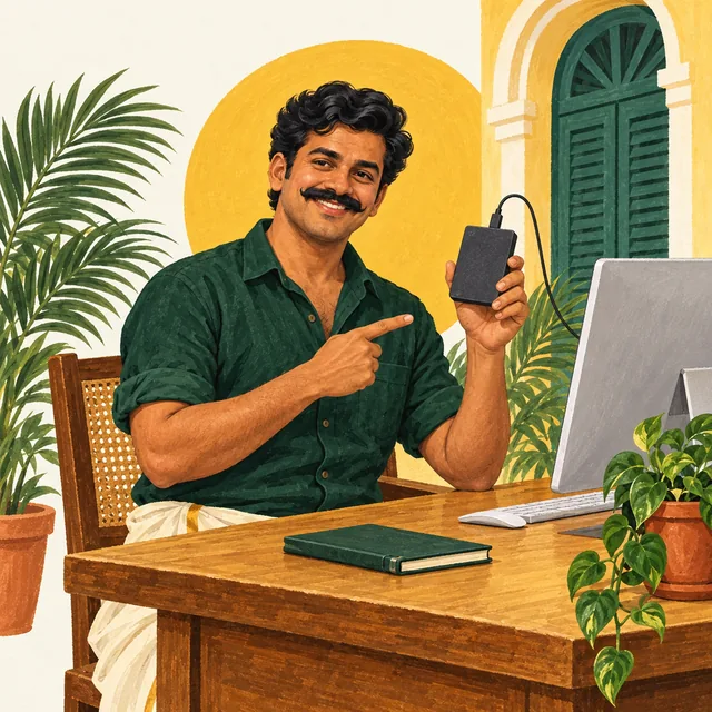 Illustration of Bill Pondy holding a separate backup drive beside a computer