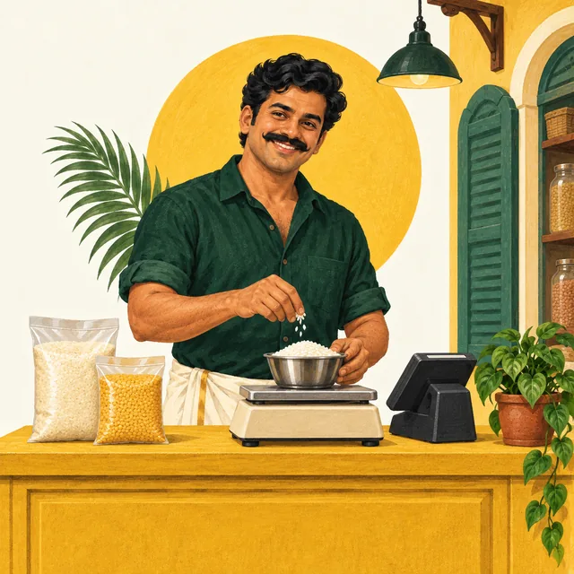 Illustration of Bill Pondy checking loose rice beside sealed grocery packets and a billing terminal