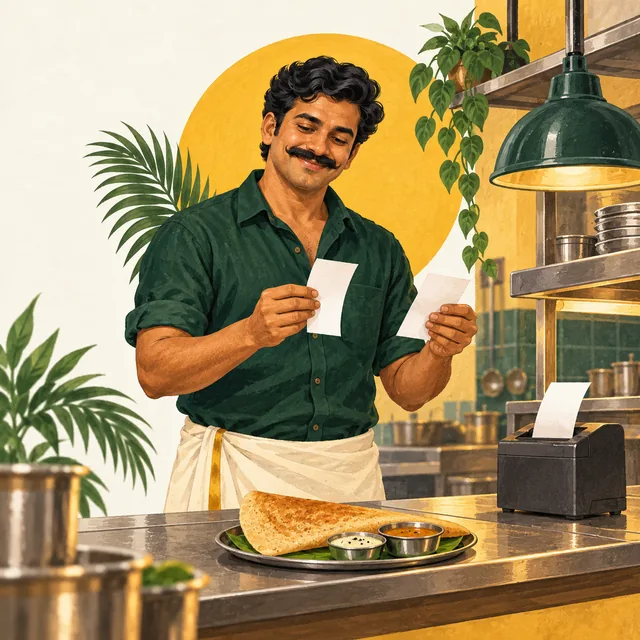 Illustration of Bill Pondy comparing kitchen tickets at a restaurant serving pass