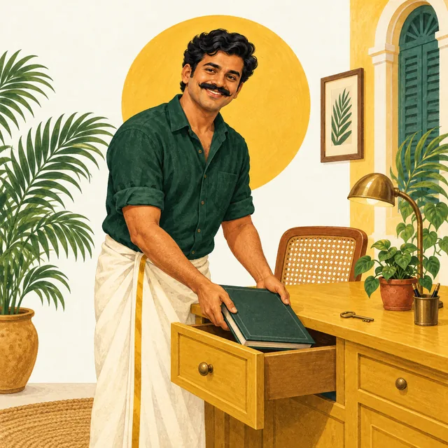 Illustration of Bill Pondy putting a ledger in a desk drawer